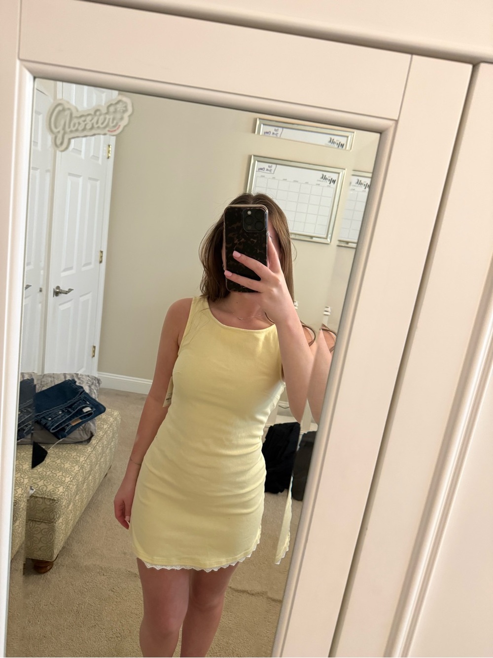 Yellow tank Dress with Lace Trim